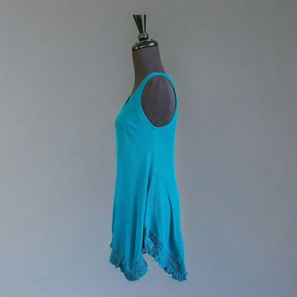 Umgee Sleeveless Gauze Mini Dress Teal  Tassel Fringe Crochet Small Boho Summer - Picture 2 of 9